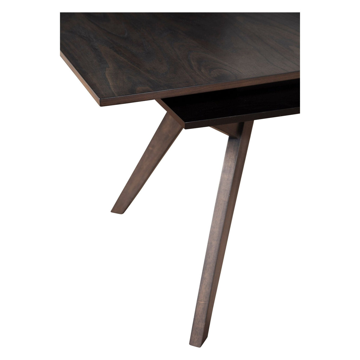 Close view of the table corner and angled dark brown legs