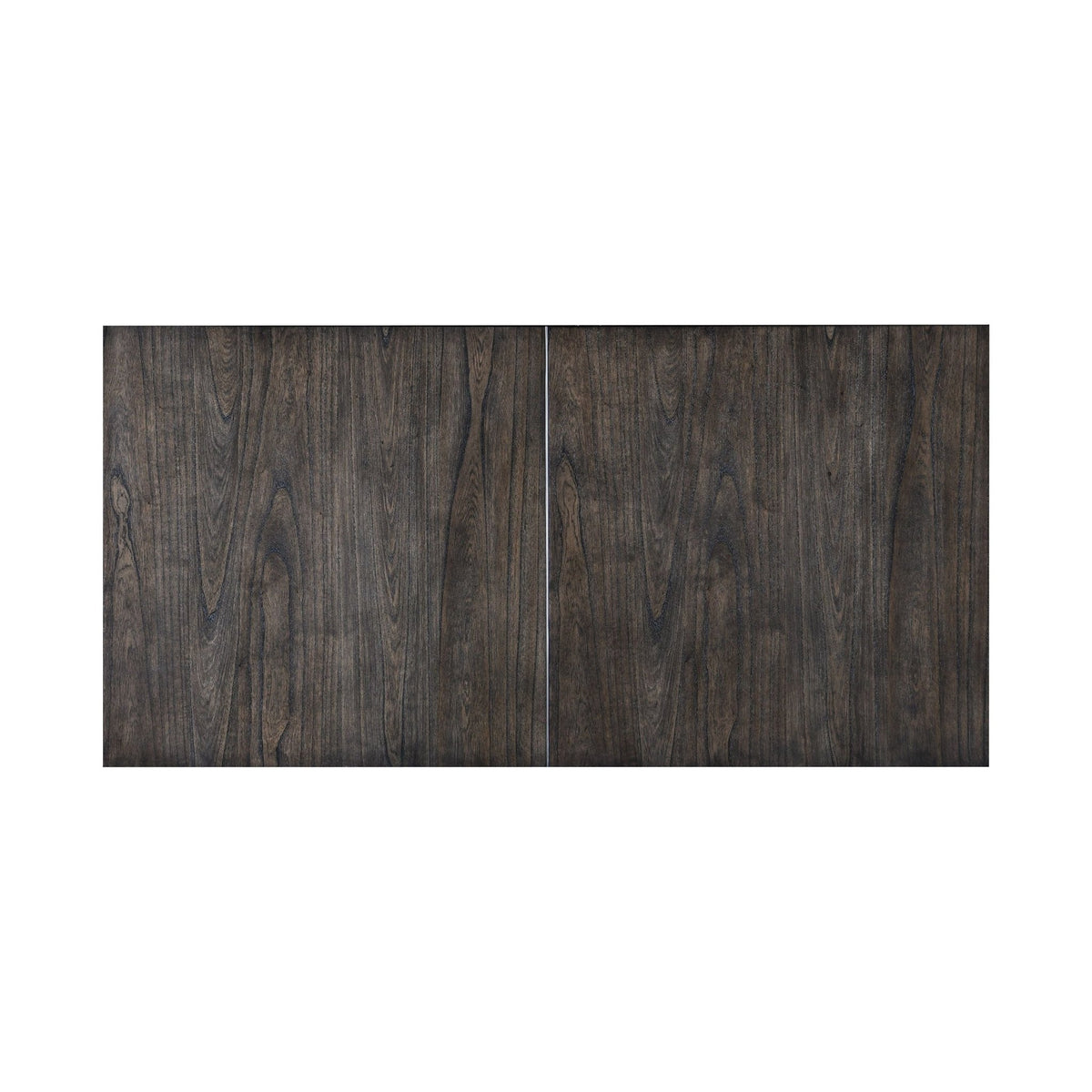 Overhead view of the dark wood tabletop and its center seam