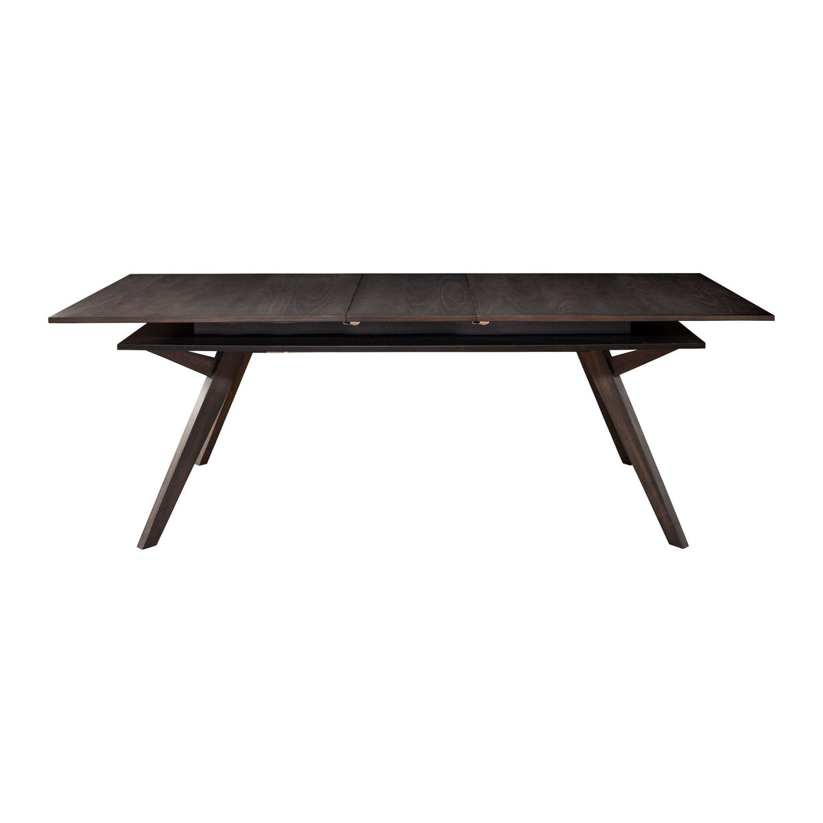 Front view of the dark brown table with its tabletop extension visible
