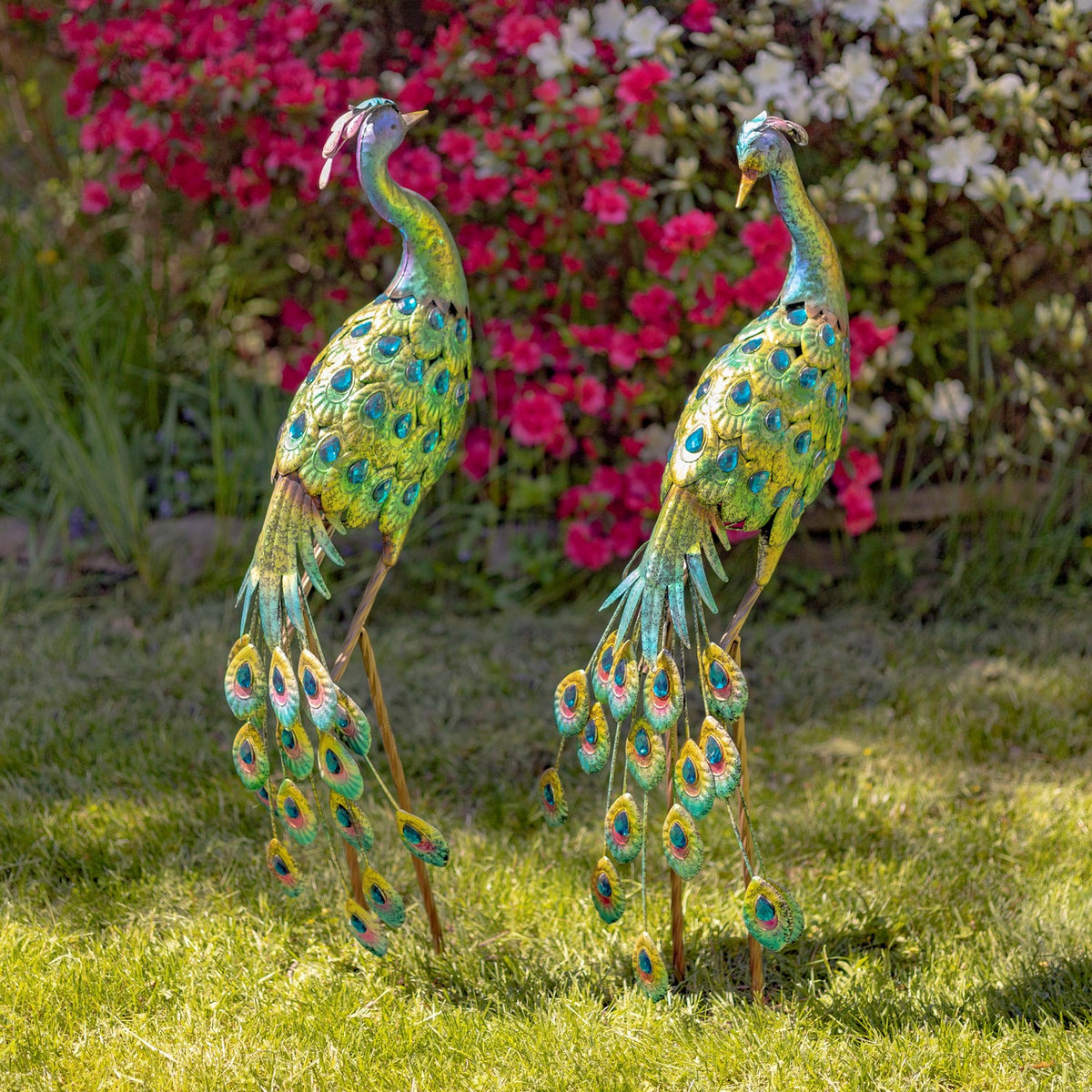Pair of colorful peacock statues standing on grass in front of flowering shrubs