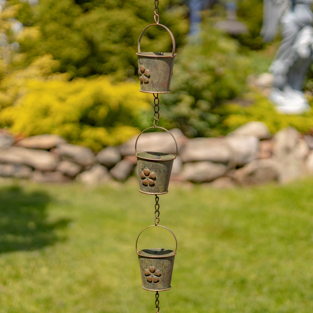 78" Long Iron Bucket Rain Chain in Antique Copper