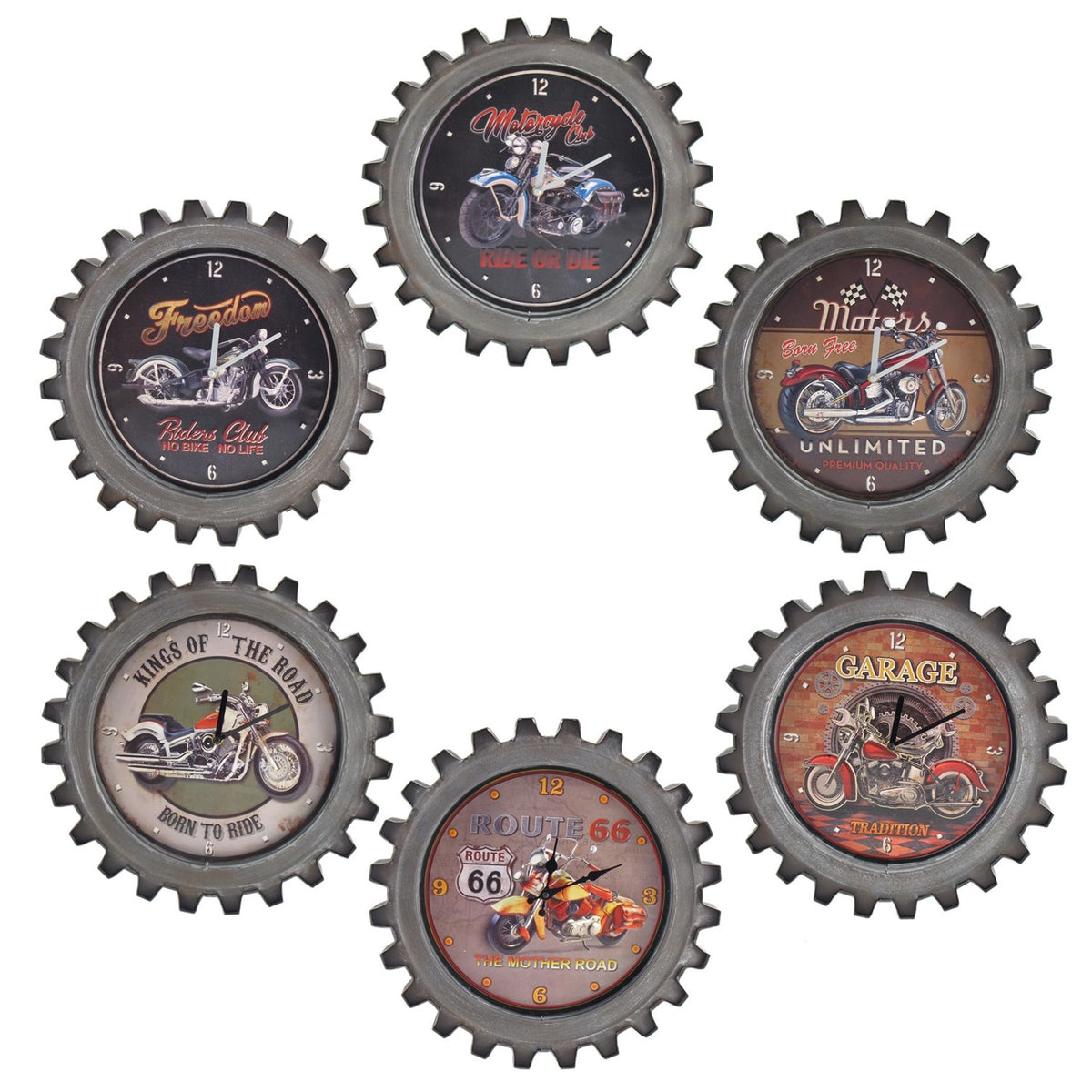 Six gear-edged wall clocks arranged on a white background, each with a different motorcycle illustration.