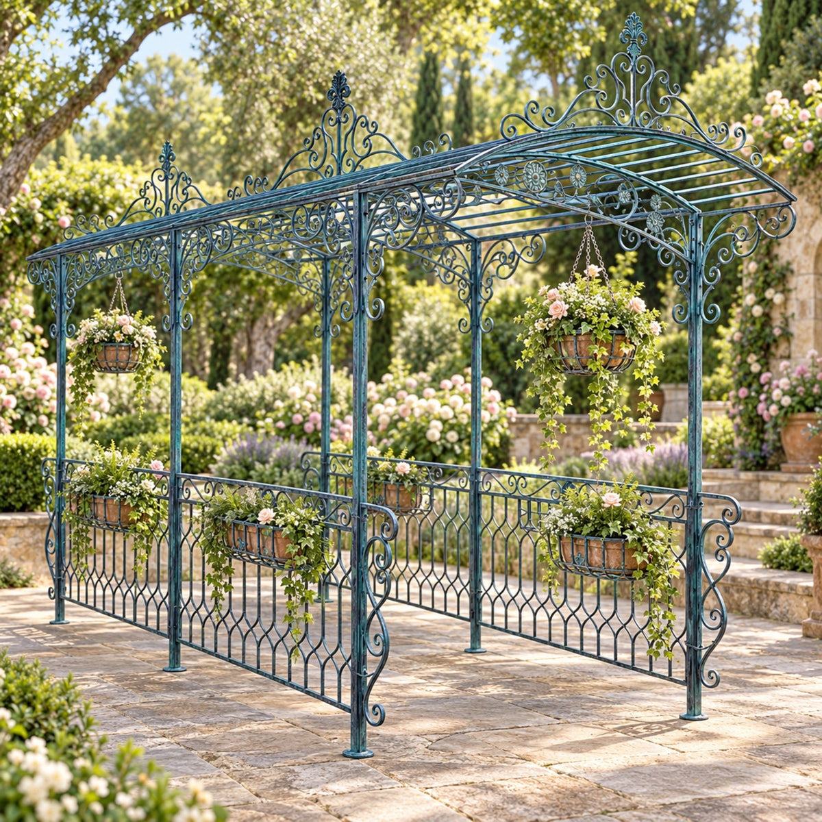 Dark blue ornate iron gazebo with hanging baskets and planters in a garden