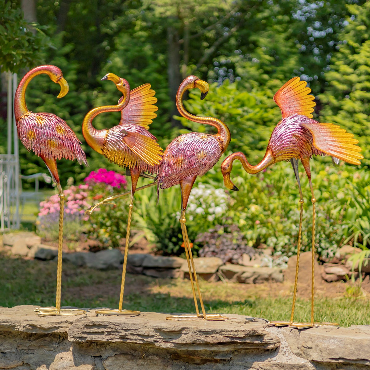 Set of 4 Pink Iron Flamingos Garden Decoration