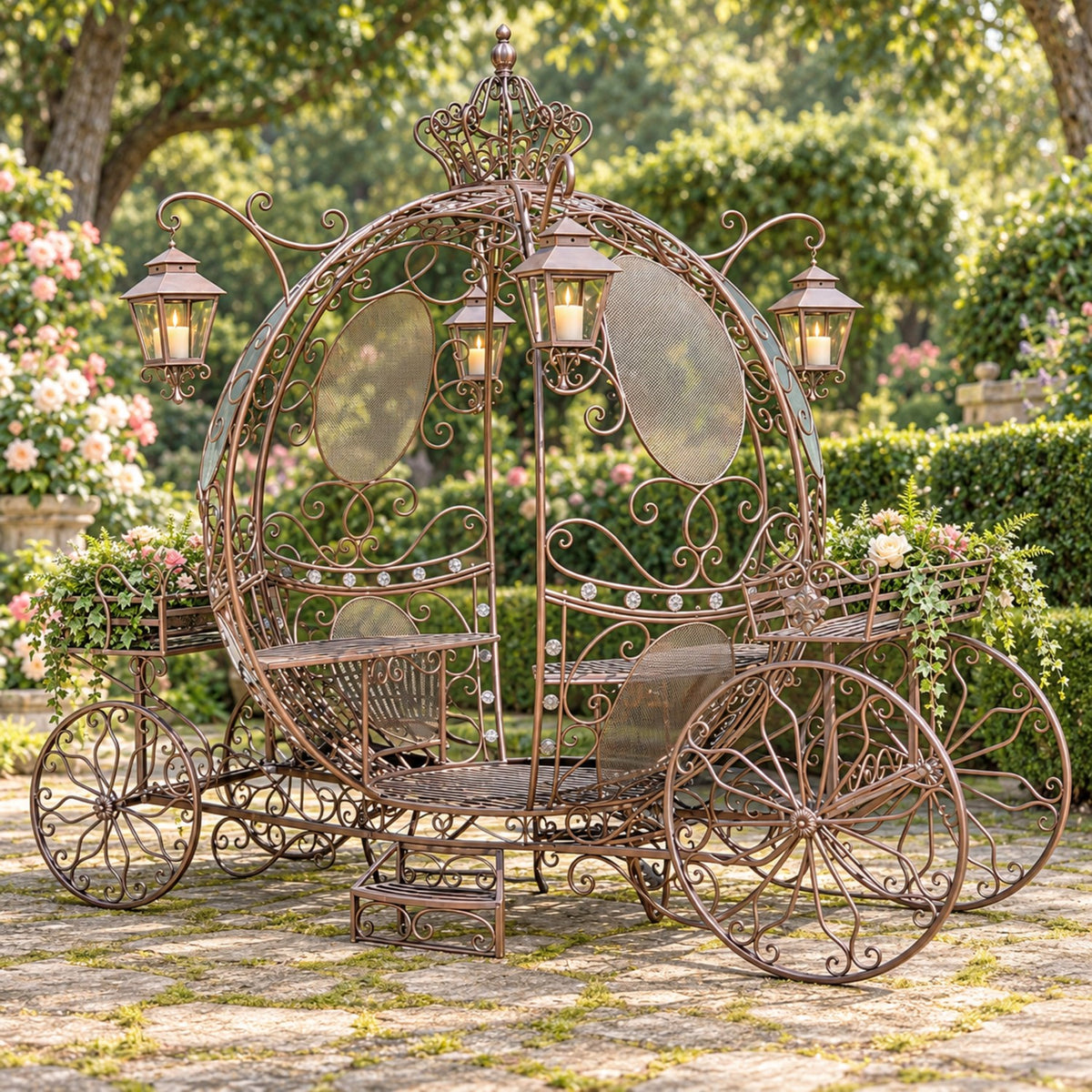 Antique bronze iron carriage with lanterns and planters, shown from the front side in a garden