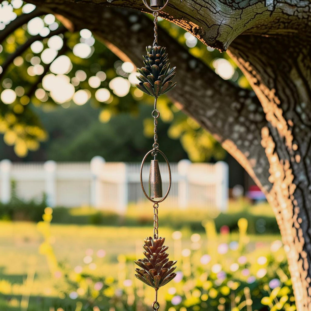 Decorative metal chain with pinecone-shaped ornaments hanging from a tree branch in a sunny garden.