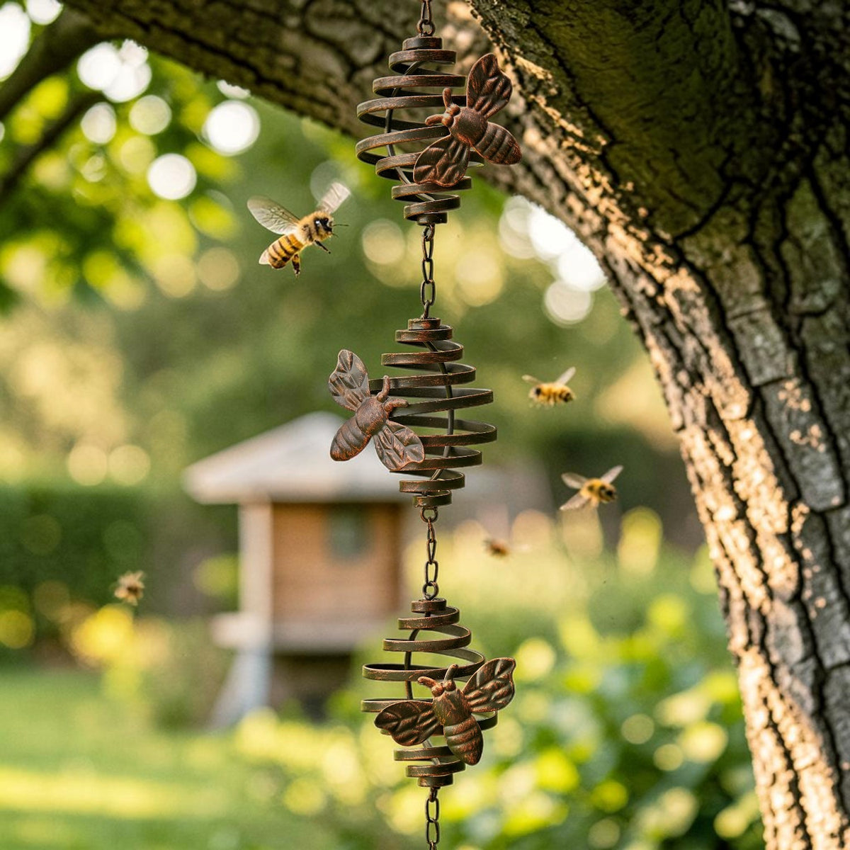 A hanging spiral rain chain with bee ornaments beside a tree, with real bees and a birdhouse in the garden.