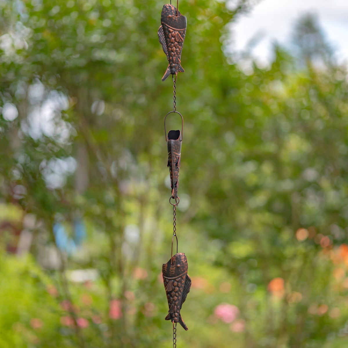 Antique bronze trout rain chain hanging vertically among garden trees