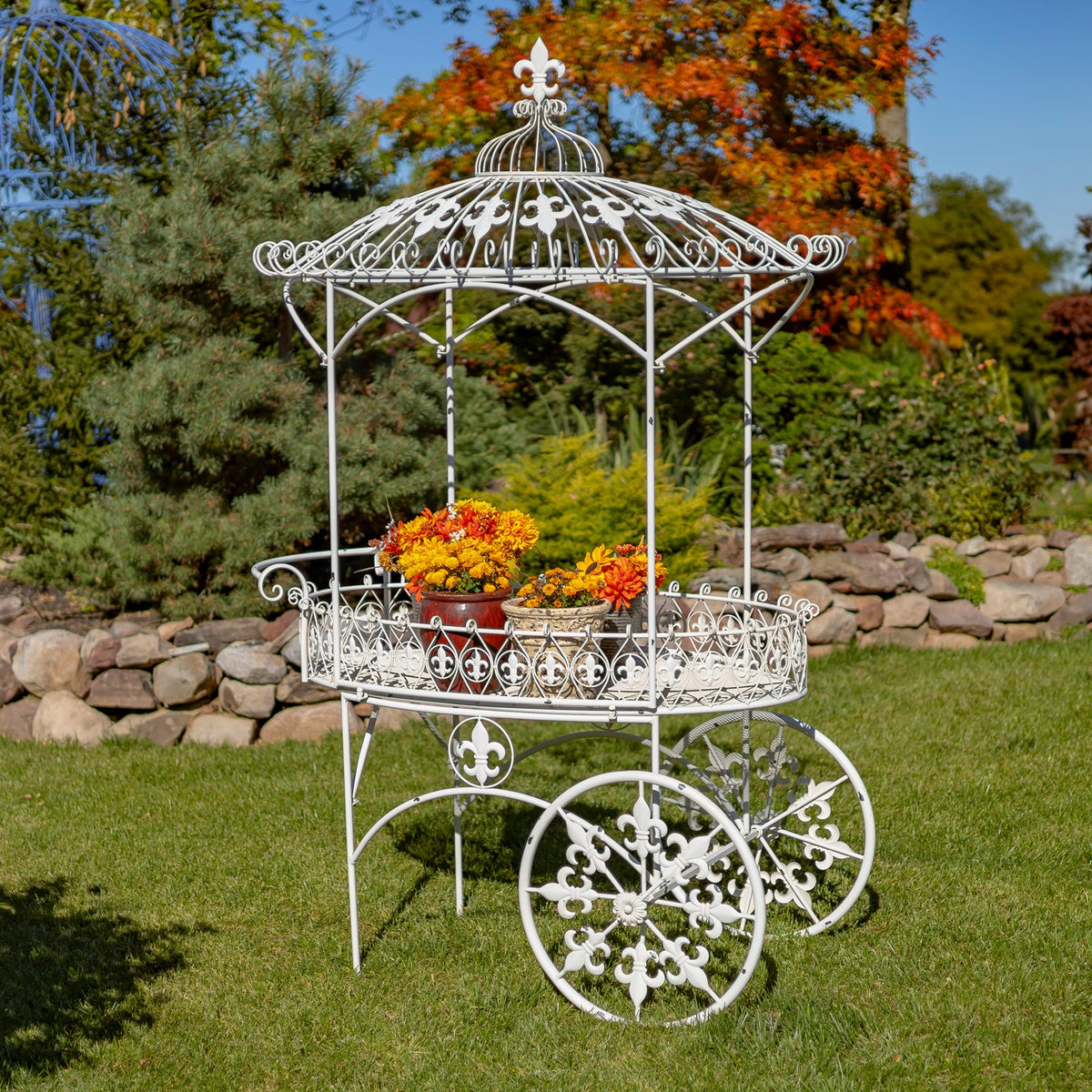 White ornate iron flower cart with domed canopy and flower pots on a garden lawn.