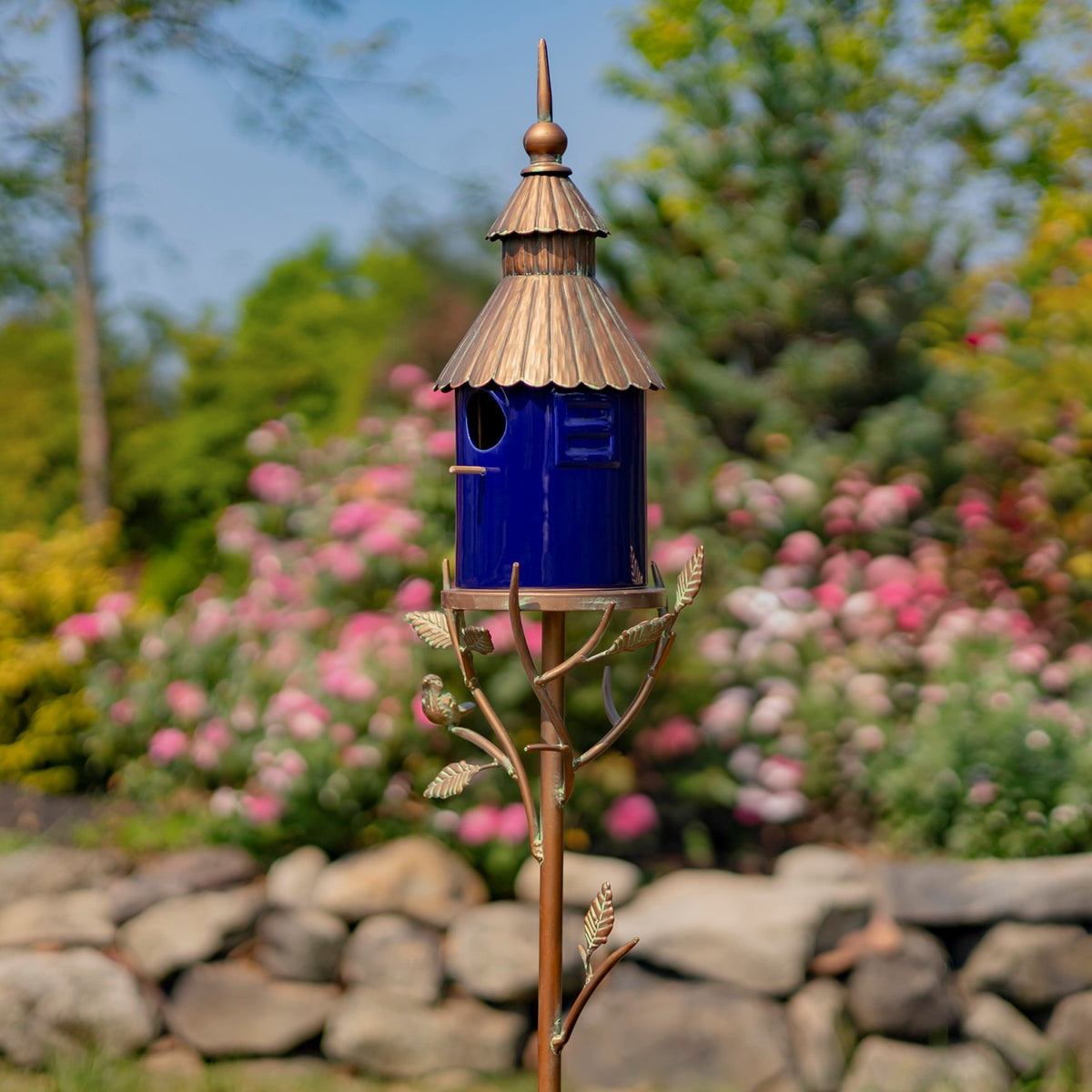 69" Tall Iron & Porcelain Birdhouse Stake "Cannes"