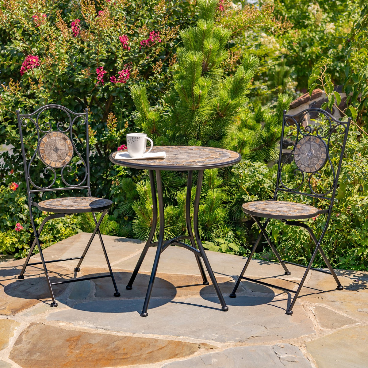 "St. Augustine" Three Piece Mosaic Bistro Set - Stone Grey & Brown
