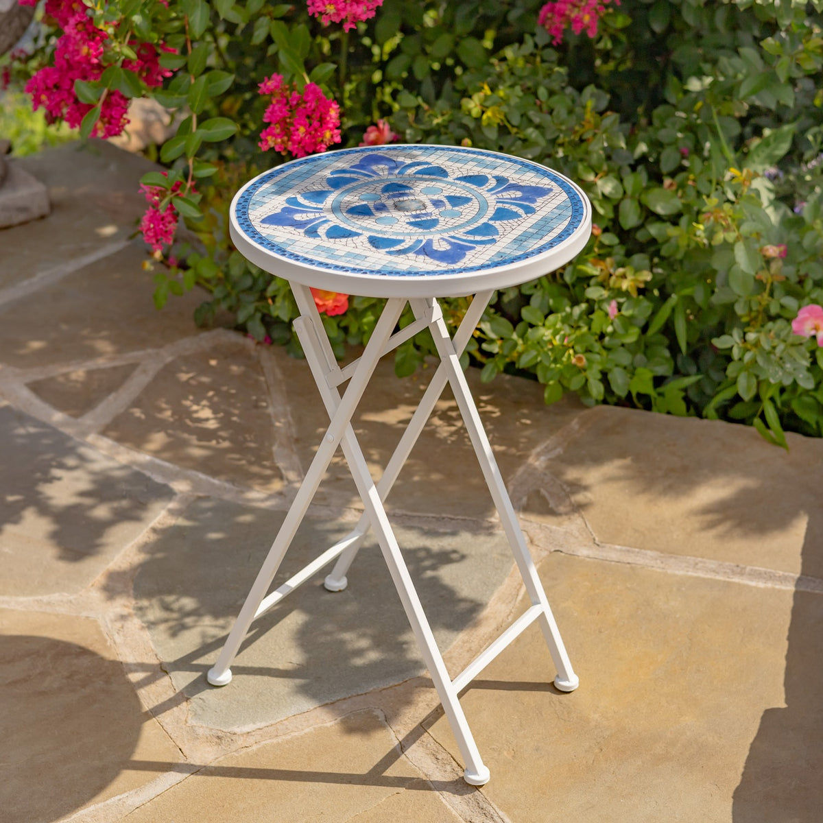 "Cape May" 23in. Tall Mosaic Folding Plant Stand - White & Blue