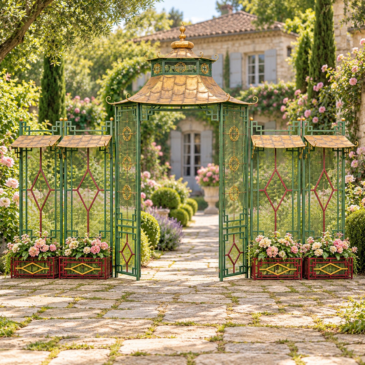 Ornate green garden gate with a pagoda-style center, open doors, gold accents and flower-filled planters.