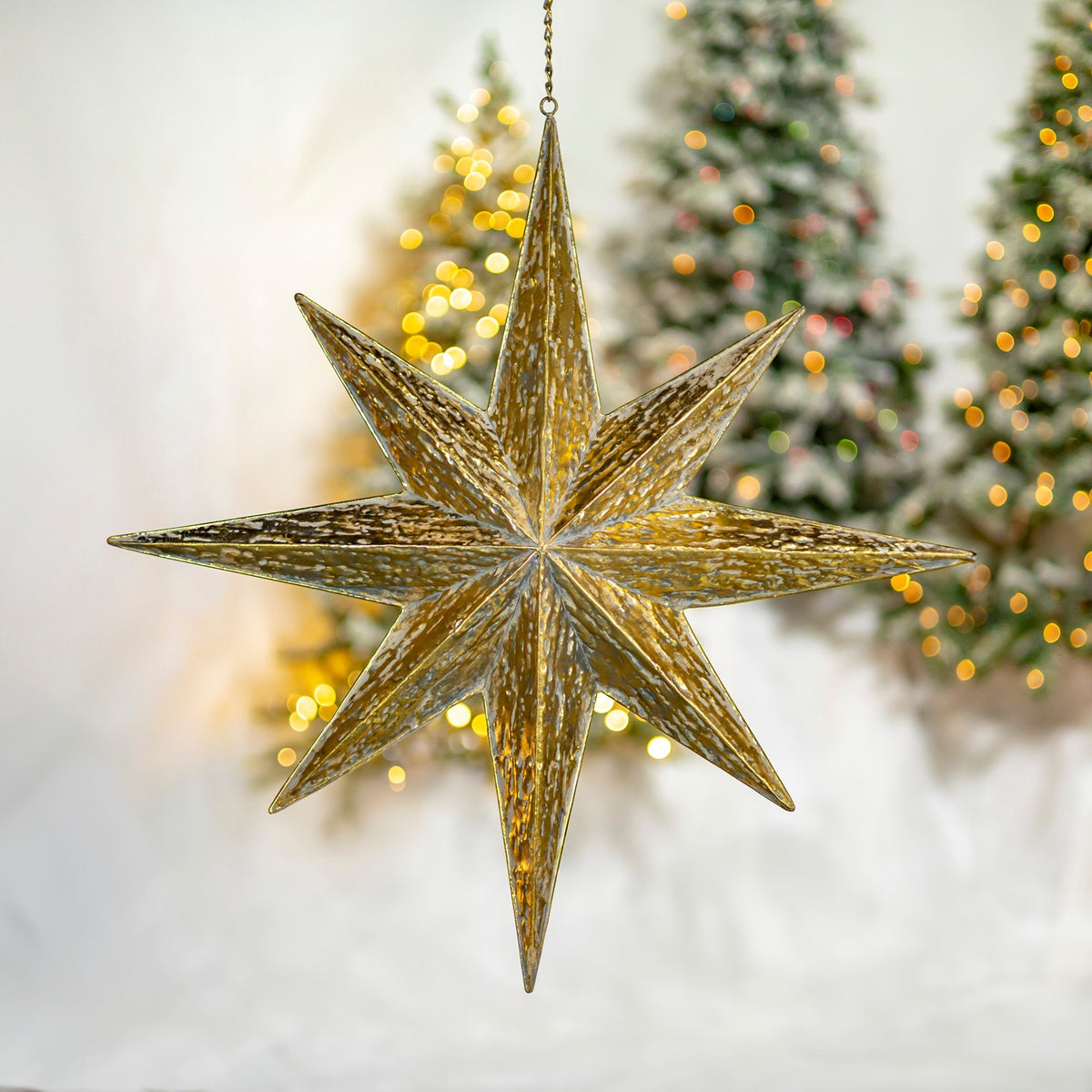 A textured gold eight-point star decoration hangs in front of softly lit Christmas trees.