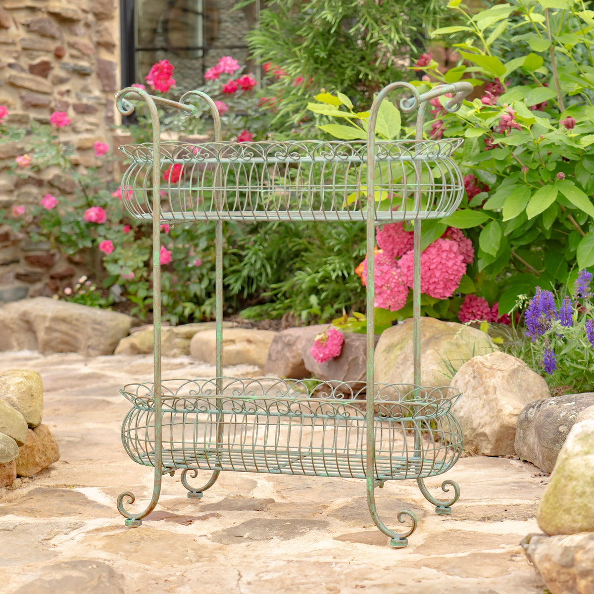 32.28" Tall Two Tier Metal Oval Basket Plant Stand in Verdi Green "Stephania"