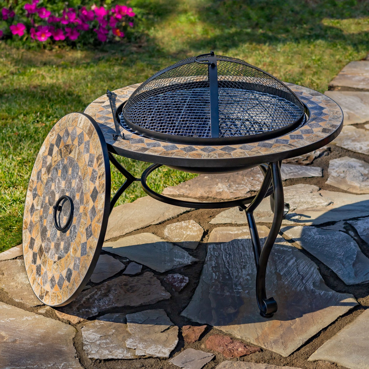 32.6"d. Round Mosaic Tile Metal Fire Pit "Aspen" "Medora"