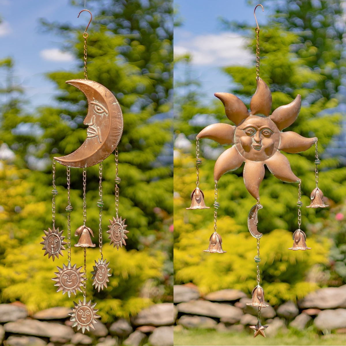 Moon and sun wind chimes hang side by side outdoors, with dangling bells and smaller sun and moon charms.