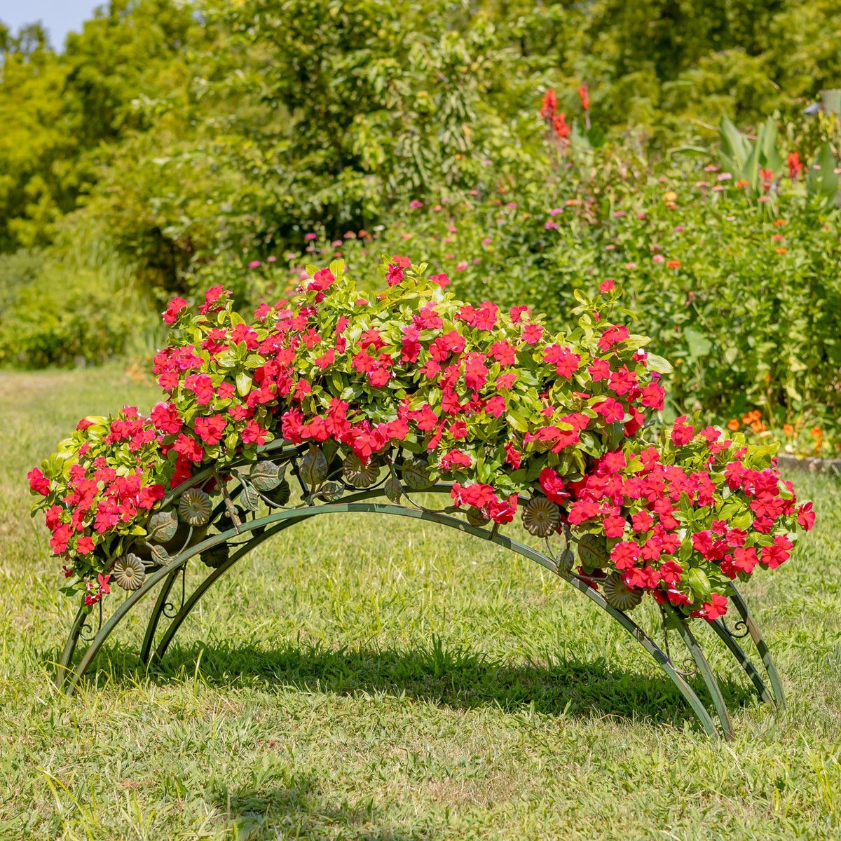 Dark metal arched plant stand with floral cutouts beneath a dense row of pink flowers