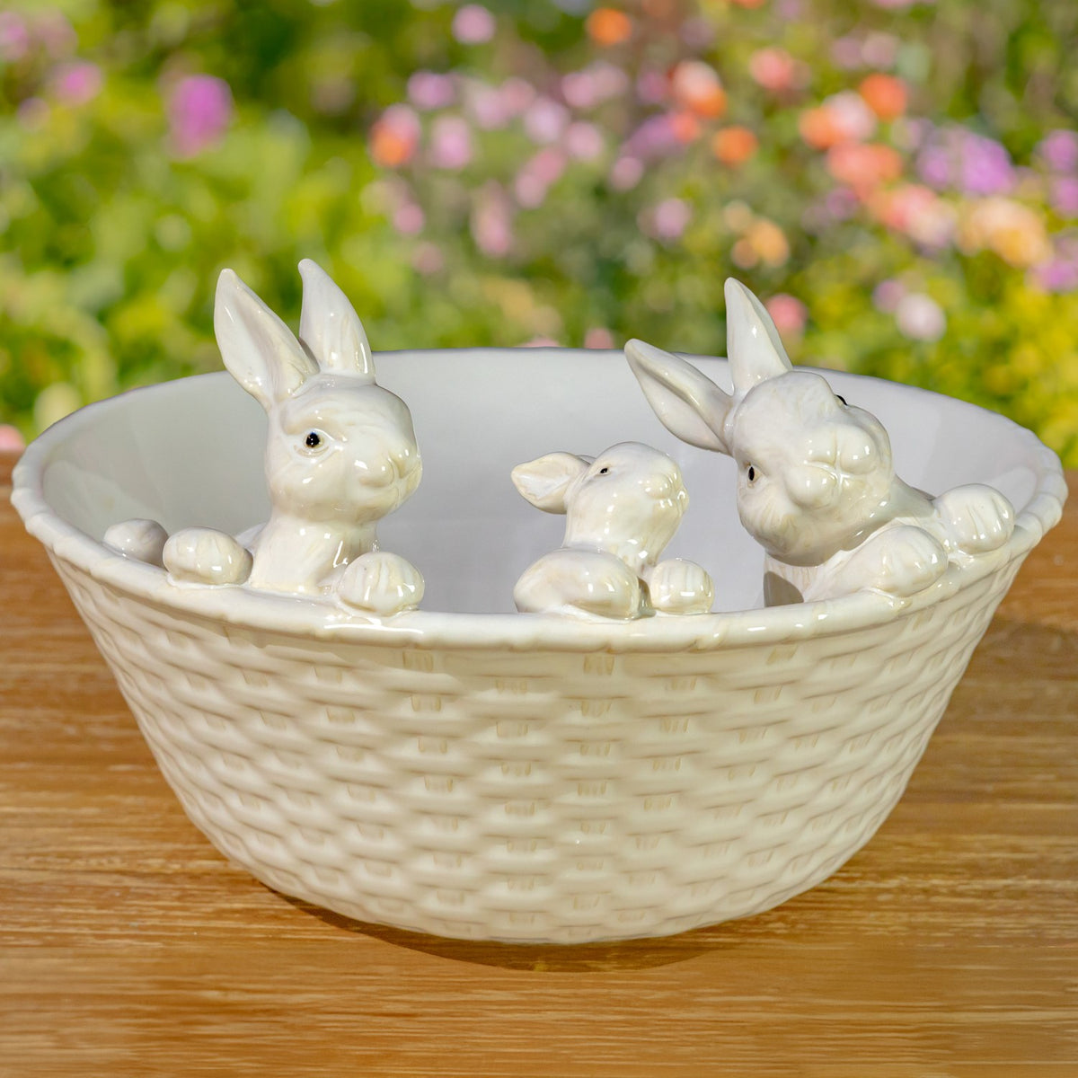 12" Ceramic Oval Basin with Peeping Bunnies "White Rabbit"