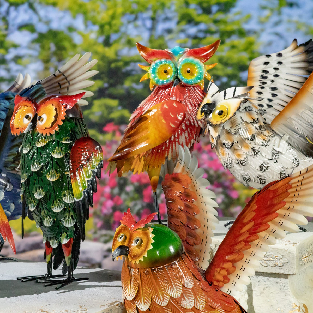 Set of 6 Assorted Hand-Painted Metal Owl Figurines