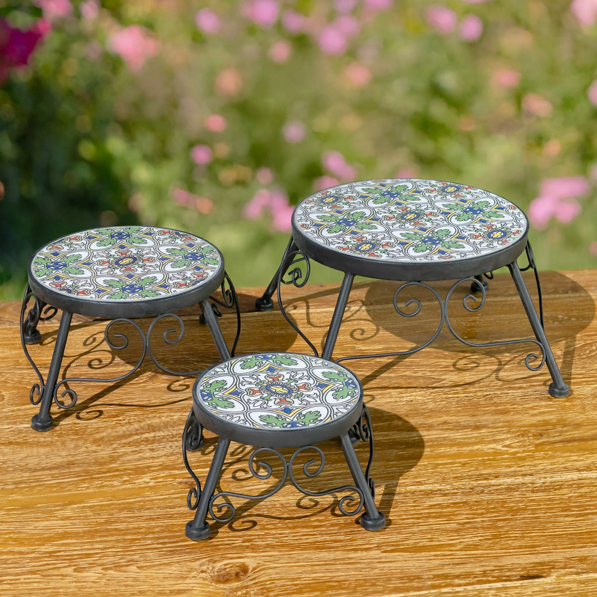 Set of 3 Assorted Mosaic Top Plant Riser Stands in Green/Blue/Yellow "Santarosa"