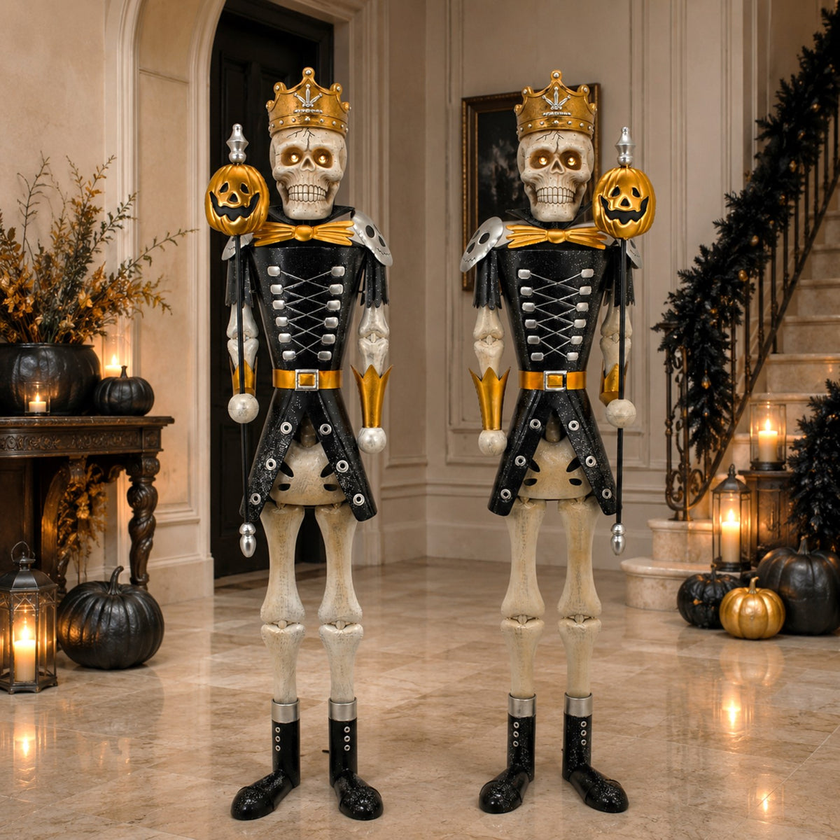 Pair of standing skeleton sentries in black and gold outfits in a decorated interior