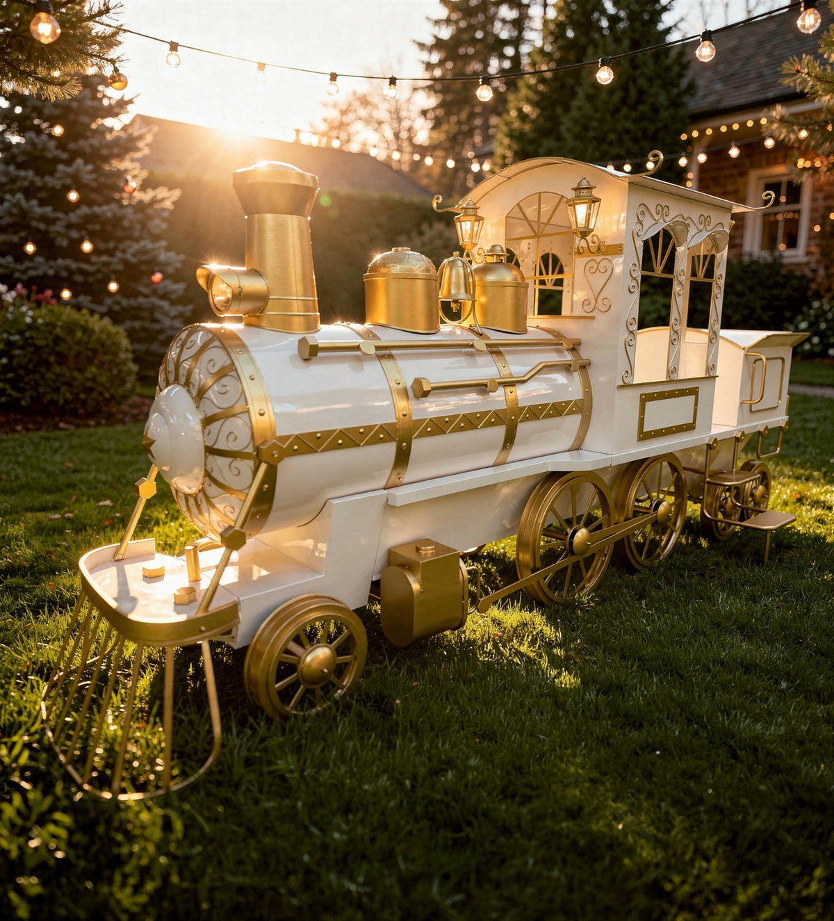 White and gold iron train display angled outdoors on a grassy lawn