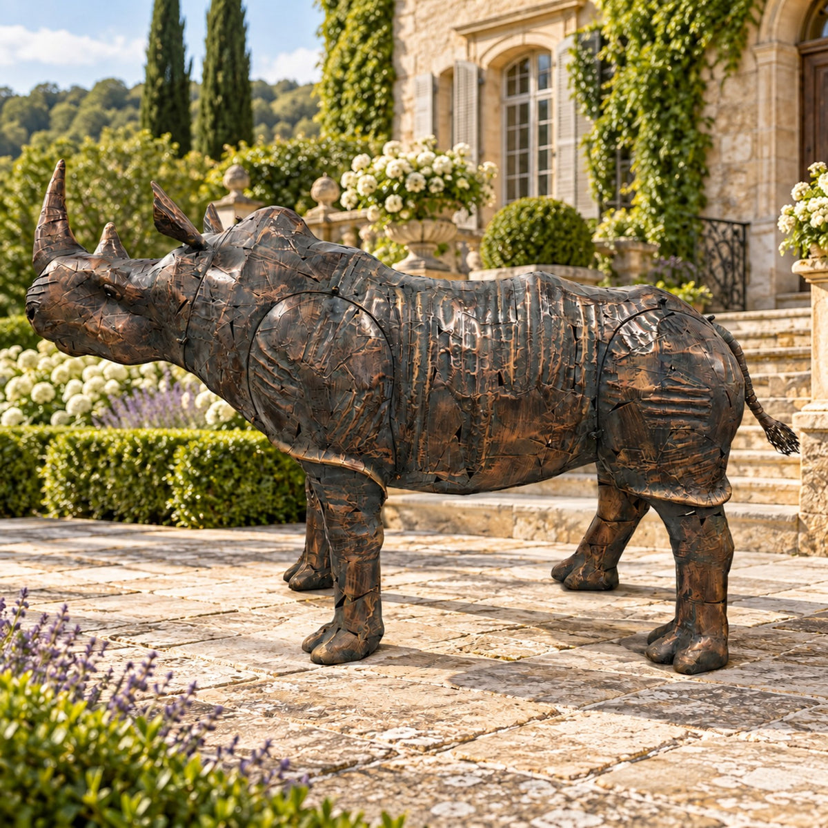 Dark copper-toned iron rhinoceros statue in a stone garden, shown from the side