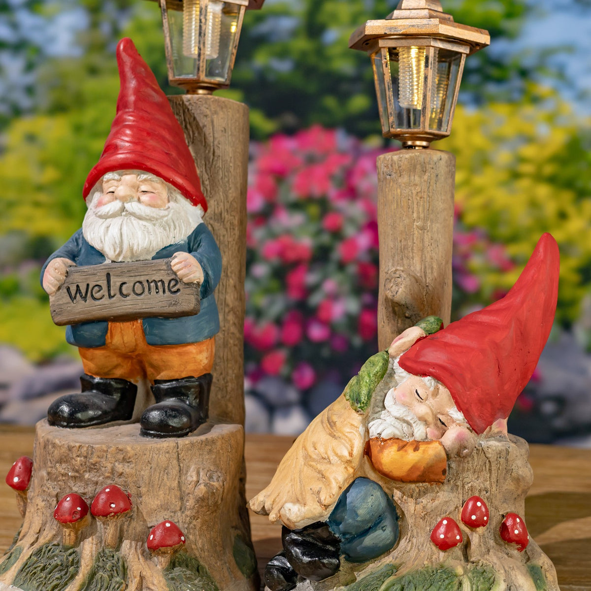 Set of 2 Assorted Sleepy Woodland Gnomes with Solar LED Lanterns "Gnorman & Gnolan"