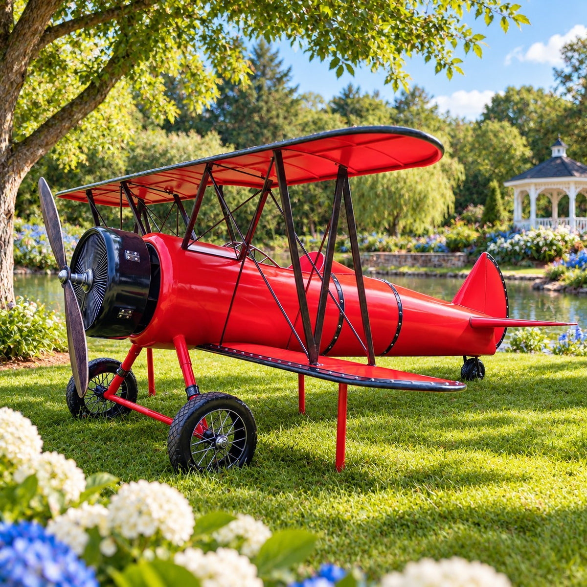 Glossy red biplane display on a lawn, shown from the front side