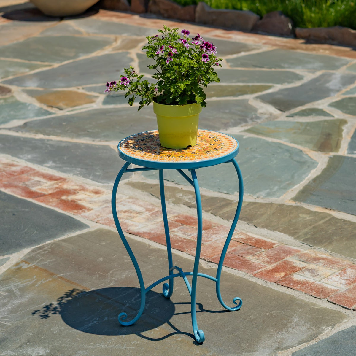 "Atrani" 22" Tall Mosaic Pedestal Plant Stand - Blue/Yellow