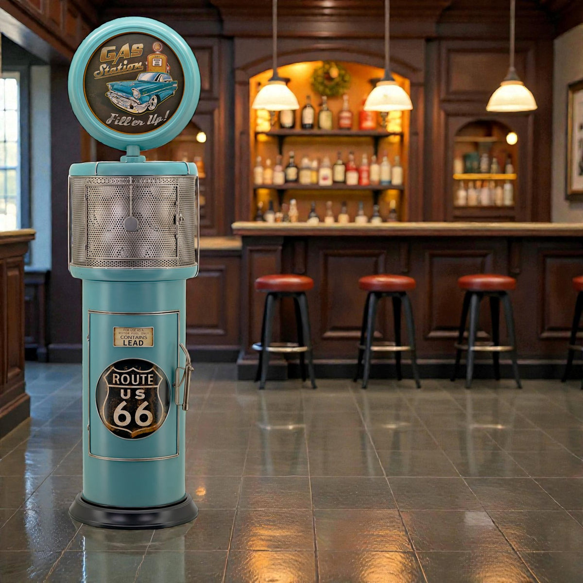 69.5" Tall Old Style Gas-Pump-Shaped Wine Rack in Blue-Green "Route 66"