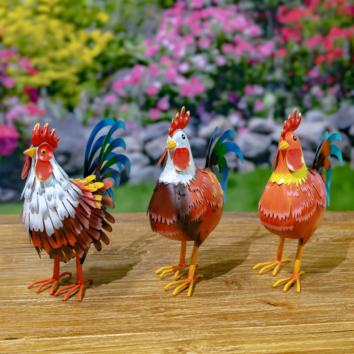 Set of 6 Assorted Metal Rooster Figurines "The Foghorn Flock"