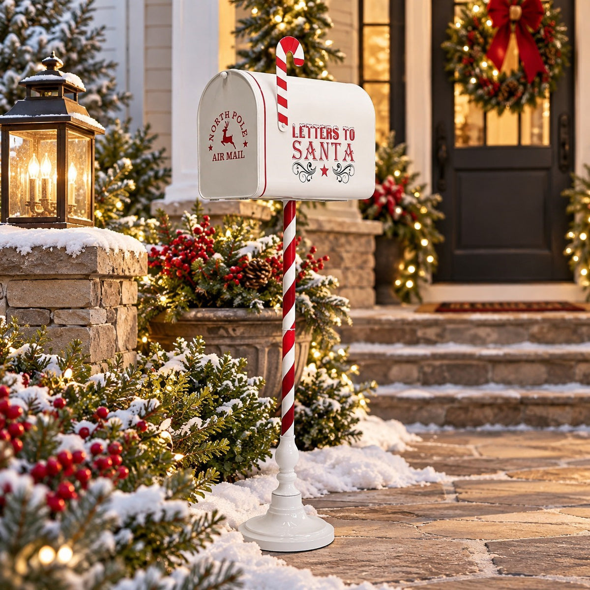 White mailbox on a striped stand among snowy holiday greenery beside a front entrance.