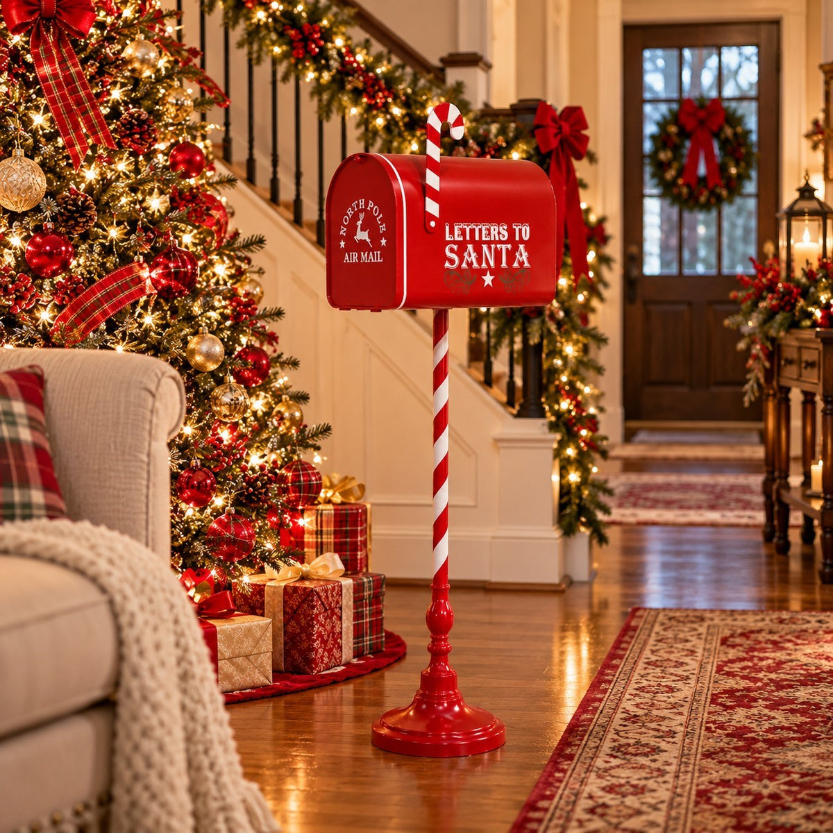 Red mailbox on a candy-cane-striped stand beside a decorated Christmas tree in a festive living room.