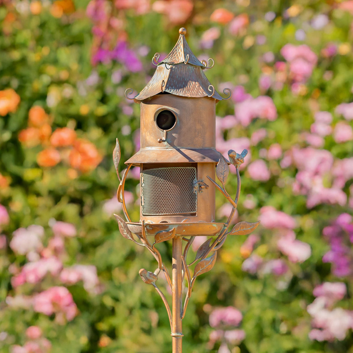74.25" Tall Iron Birdhouse & Feeder Stake "Haven"
