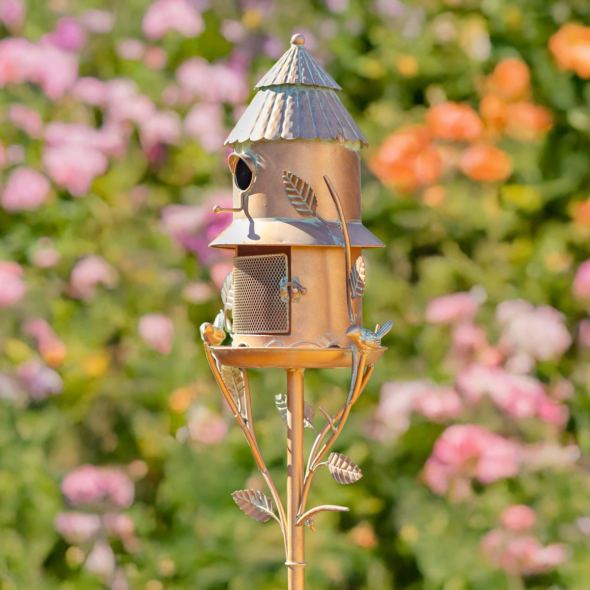 74" Tall Iron Birdhouse & Feeder Stake "Homestead"