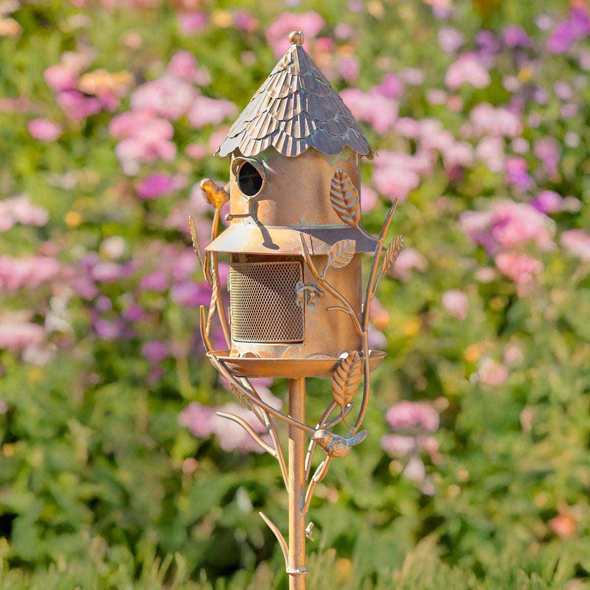 74.25" Tall Iron Birdhouse & Feeder Stake "Hearth"