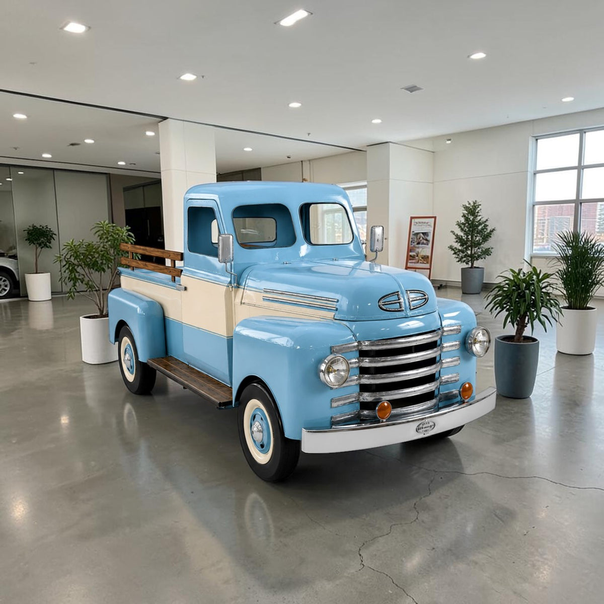 Light blue vintage-style pickup truck with cream side panels displayed in a bright showroom.