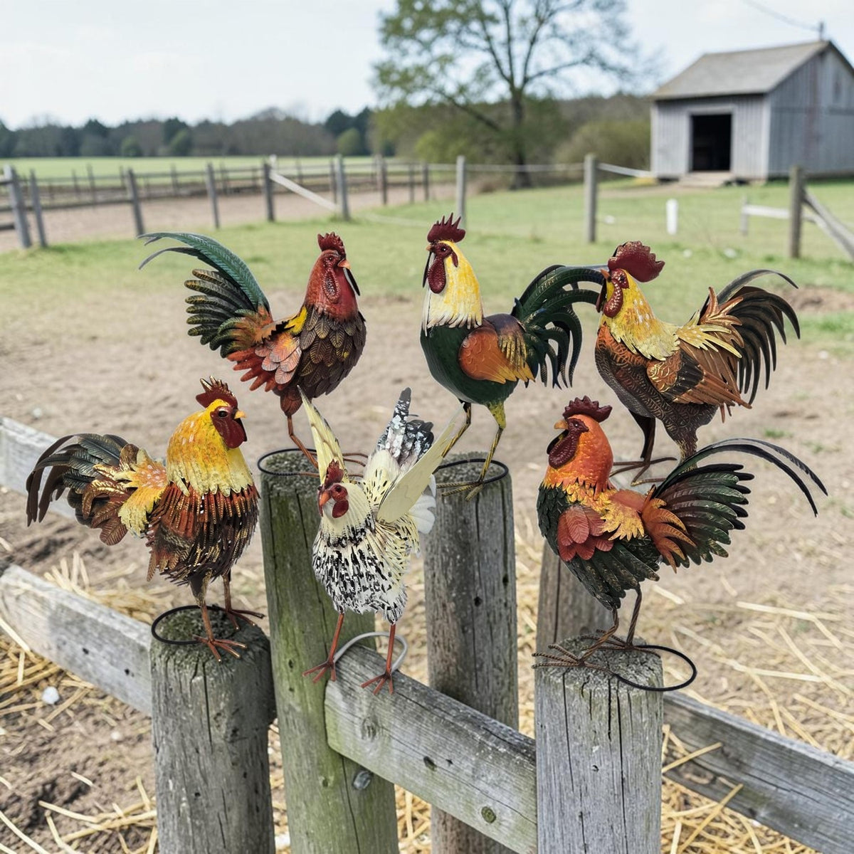 Six colorful metal rooster figures perched on weathered fence posts in a farmyard.