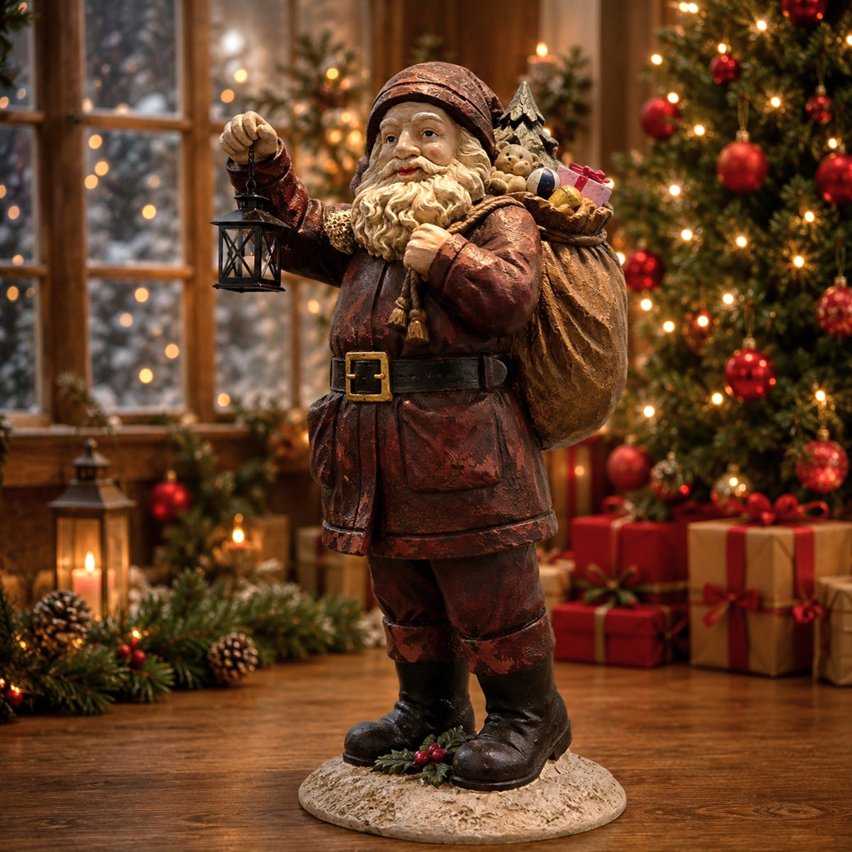 Full Santa figurine holding a lantern in a warmly lit Christmas room