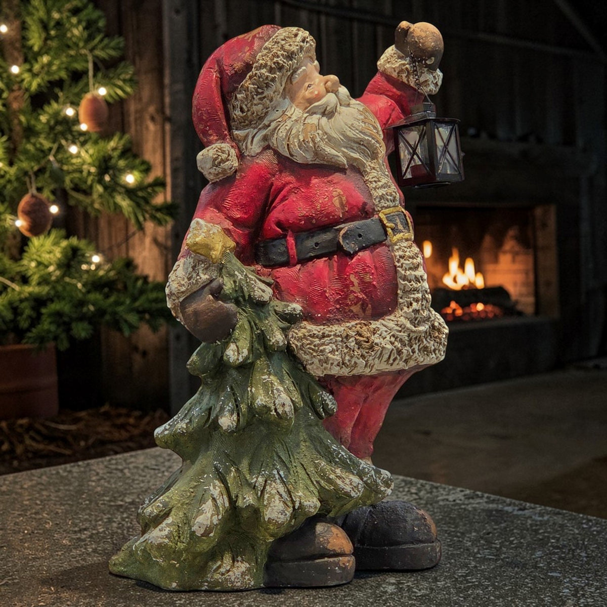 24" Tall Rustic Santa Figurine with Lantern & Tree