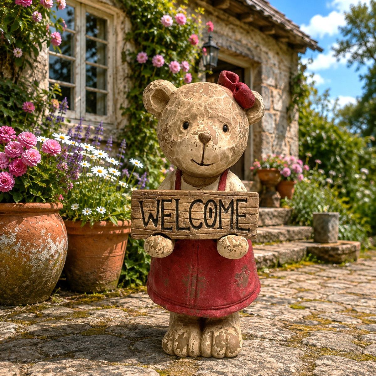 Brown teddy bear figurine in a red dress holding a welcome sign on a flower-lined garden path