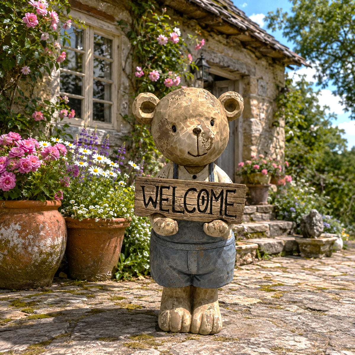 Brown and blue teddy bear welcome-sign figurine standing in a flower-filled garden