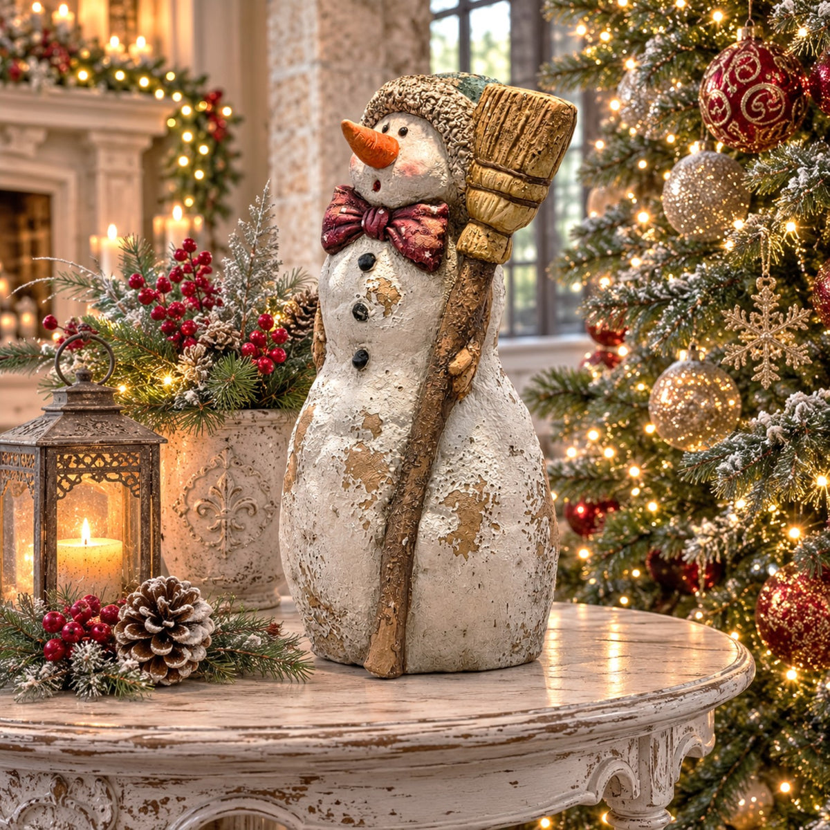 Distressed snowman figurine with broom on a table beside a decorated Christmas tree