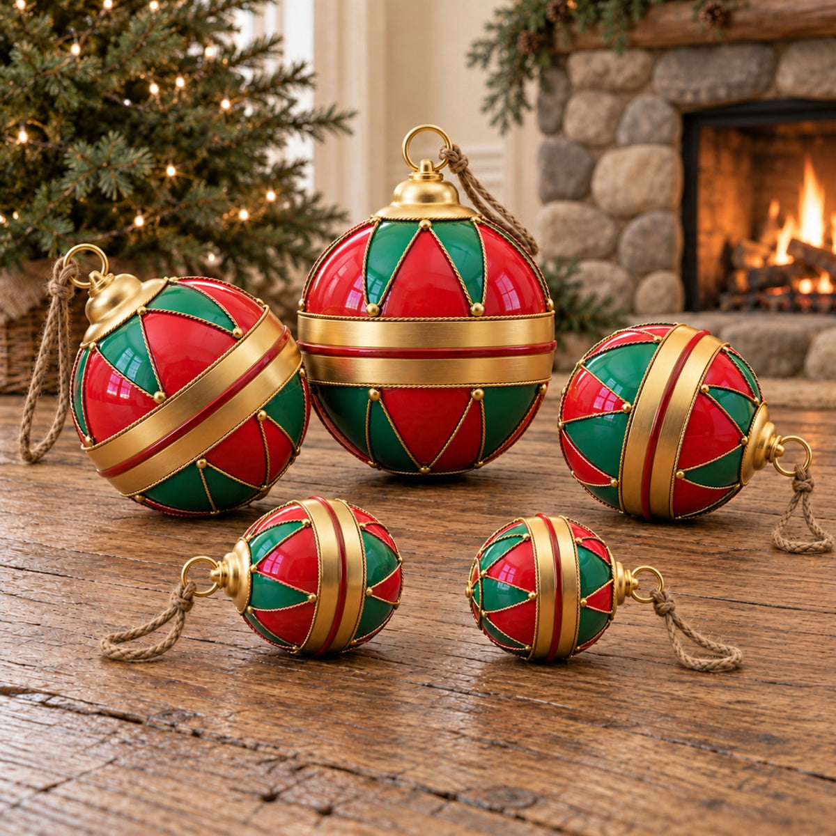 Five red and green paneled metal ornaments with gold bands arranged on a wooden table beside a lit fireplace.
