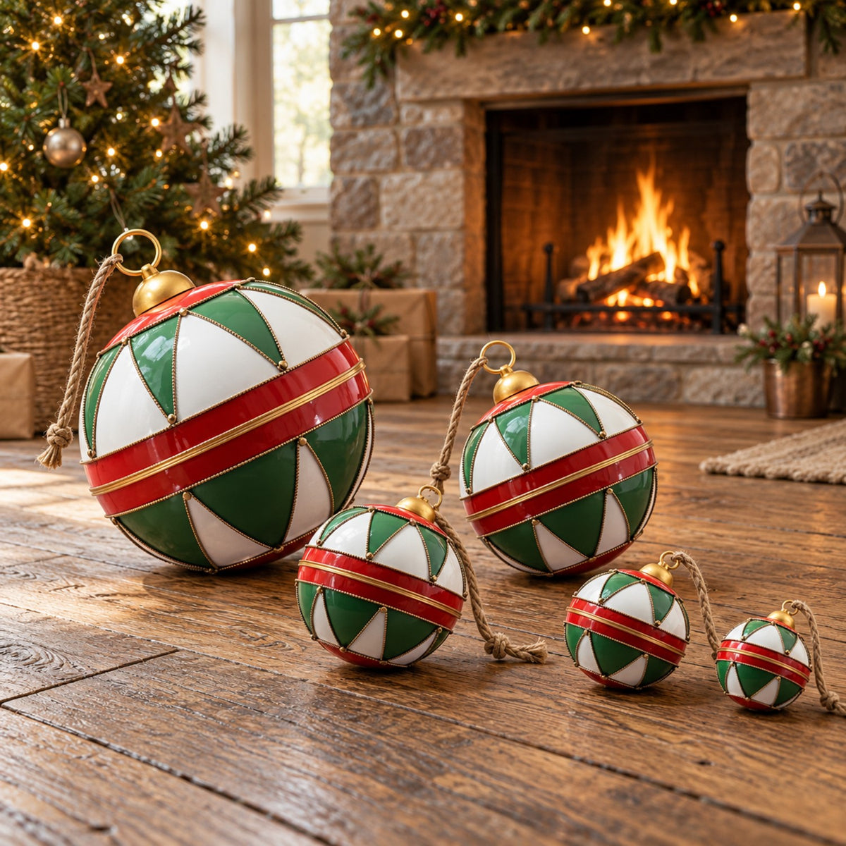 Five red, green, and white paneled ornaments with gold bands displayed on a table in a festive living room.
