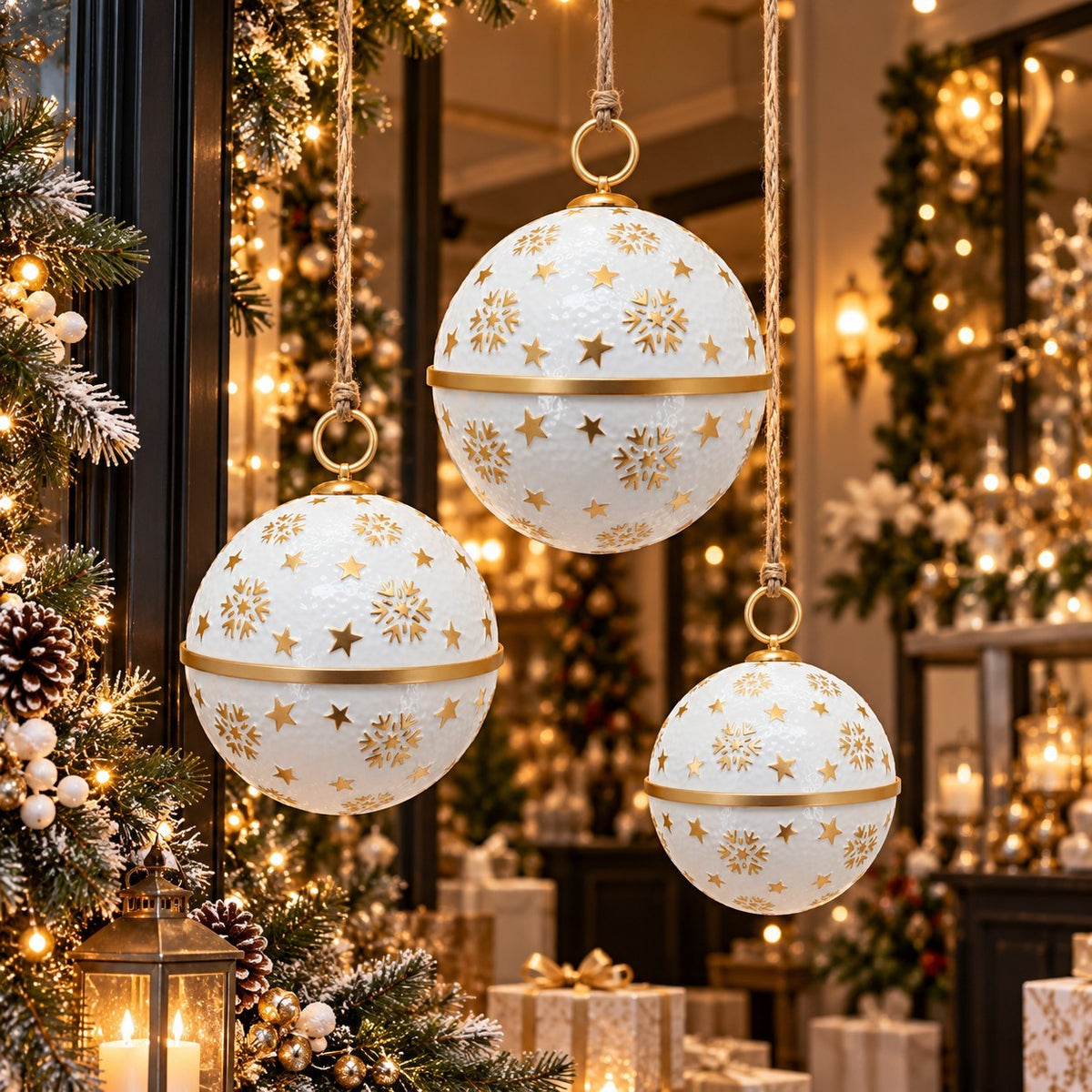 Three white hanging ornaments with gold snowflakes and stars displayed among warmly lit Christmas trees.