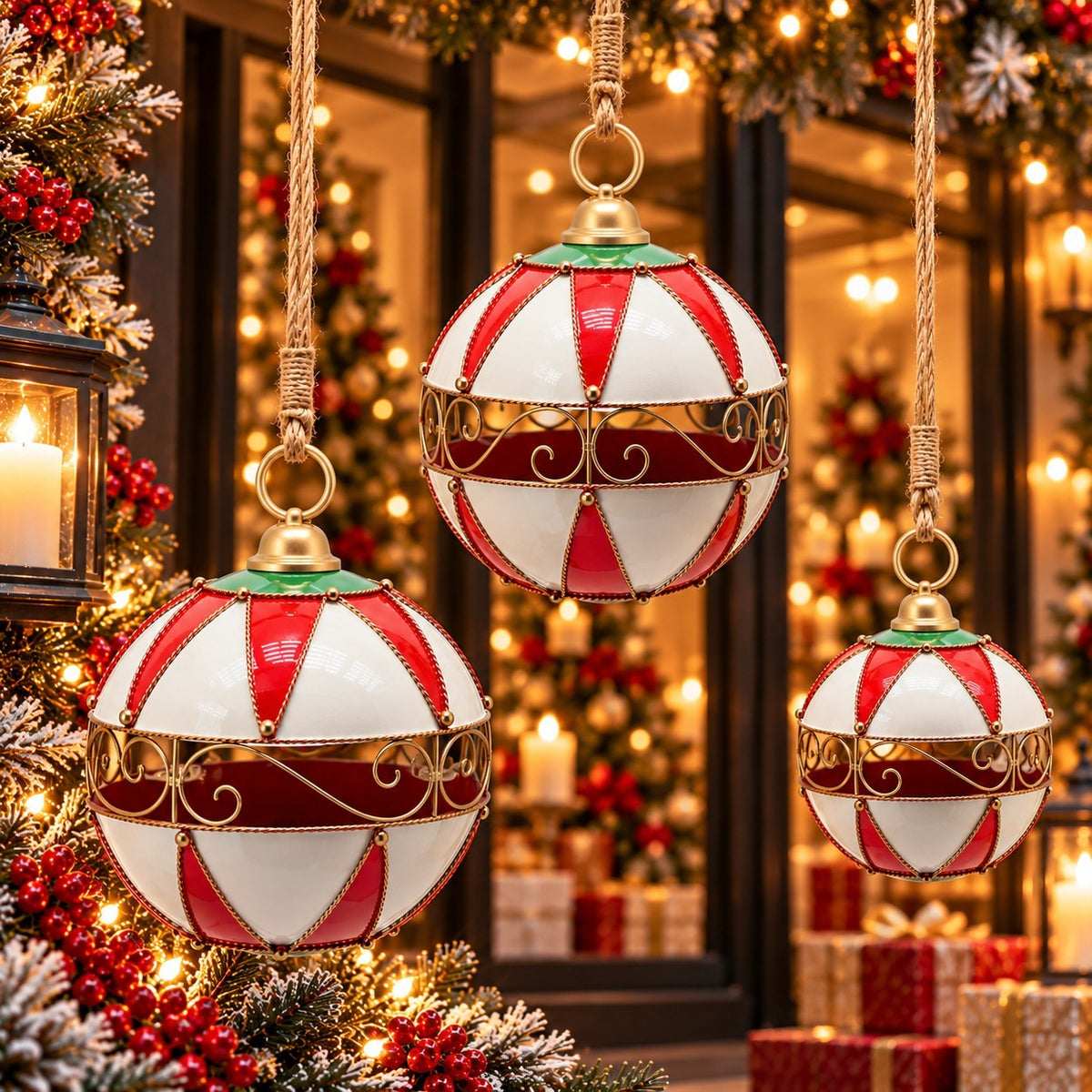 Three red and white hanging ornaments with gold scrollwork displayed near a decorated tree.