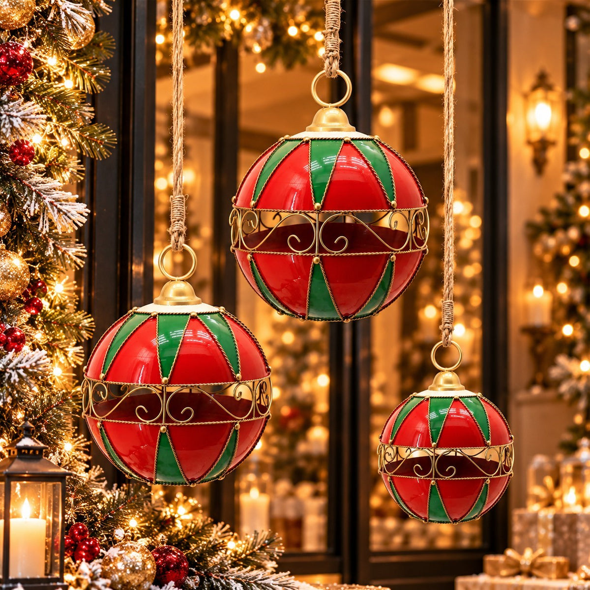Three red and green hanging ornaments with gold scrollwork beside a lit Christmas tree.